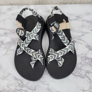 Chaco Women's Black Sandals with White Chevron Straps and Tan Accent